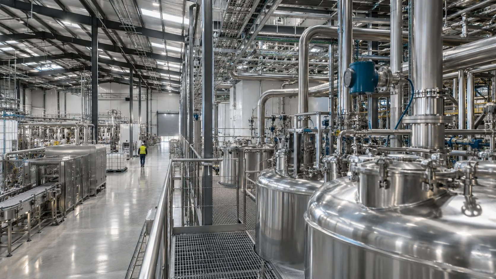 Illustrative production facility with processing equipment, pipework and a person on the plant floor